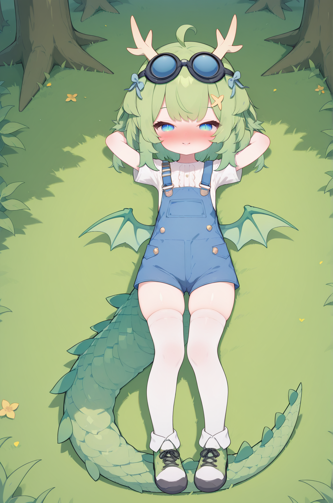 masterpiece,best quality,amazing quality, DragonGirlMPVTILXL, 1girl, blue eyes, slit pupils, green hair, short hair, bangs, ahoge, horns, hair ornament, blue bow, black goggles, goggles on head, green wings, dragon tail, flat chest, green jacket, white shirt, short sleeves, blue overall short, white thighhighs, green shoes, solo, full body, (lying on grass), on back, arms behind head, seductive smile, looking at viewer, naughty face, nose blush, forest, tree    <lora:DragonGirlMPVTILXL:1>