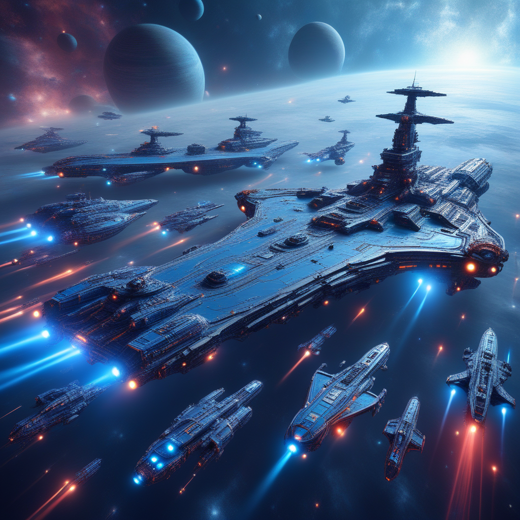 advanced starships with intricate, glowing nebula or gas cloud providing a soft, This is a digital artwork depicting a futuristic, glowing blue planet visible on the left side, resembling a battleship or a space station, likely a space station, angular design and neon blue accents leads the formation., likely of alien origin, high-tech space station or mothership. The central subject is a massive, imposing spacecraft