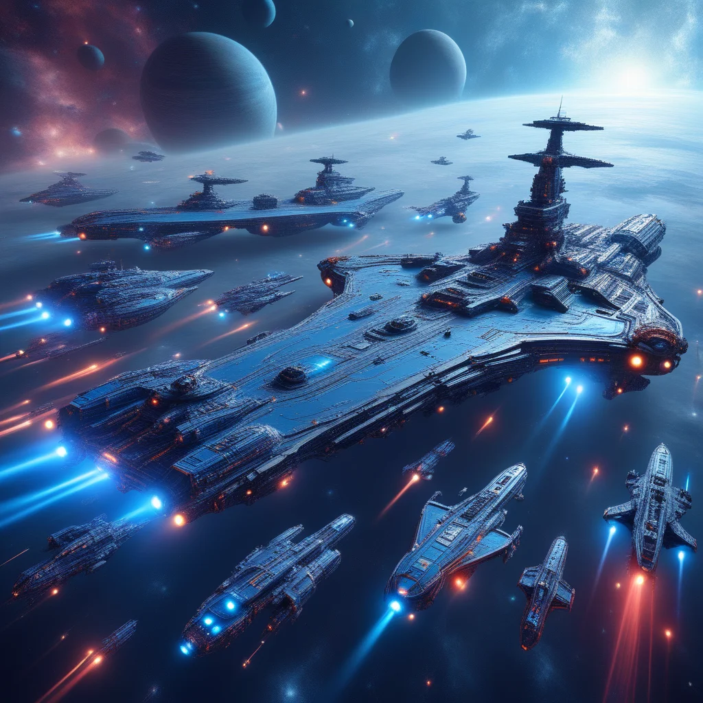 advanced starships with intricate, glowing nebula or gas cloud providing a soft, This is a digital artwork depicting a futuristic, glowing blue planet visible on the left side, resembling a battleship or a space station, likely a space station, angular design and neon blue accents leads the formation., likely of alien origin, high-tech space station or mothership. The central subject is a massive, imposing spacecraft