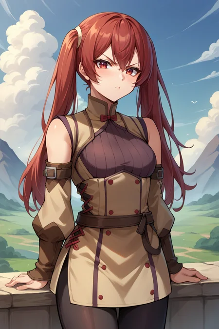 score_9, score_8_up, score_7_up, score_6_up, source_anime BREAK 1girl, solo, <lora:fesevera-pdxl-nvwls-v1-000005:1> defSevera, red hair, red eyes, twintails, brown dress, short dress, brown sleeves, detached sleeves, belt, black leggings, pout, looking at you, blue sky, clouds, mountains