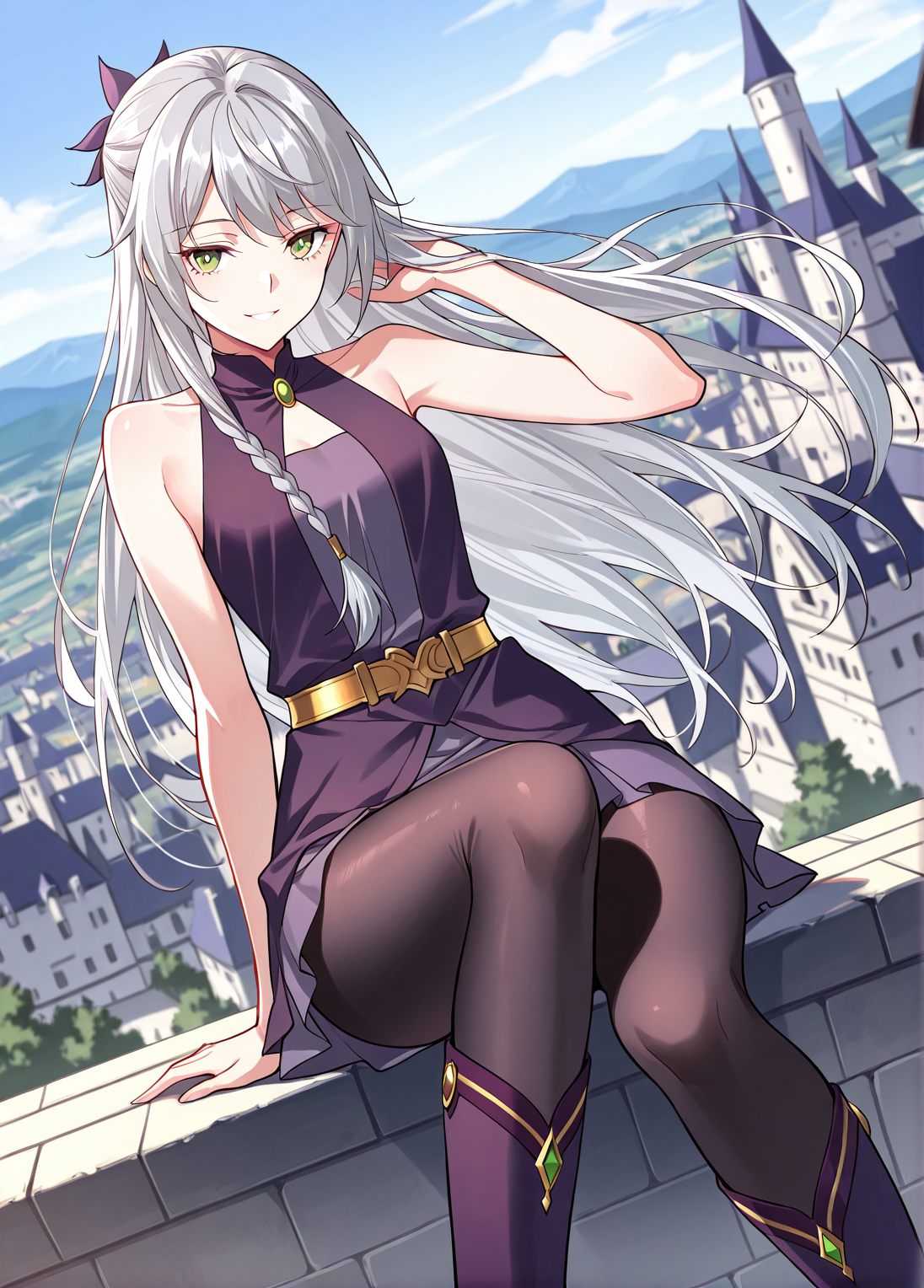 <lora:Ye_Liuli__I_am_the_Fated_Villain__Illustrious:1>
1 girl, solo, gray hair, loose hair, long hair, small braid, green eyes, small breasts
purple dress, short skirt, black tights, purple boots, sleeveless dress, bare shoulders, gold belt
masterpiece, best quality,high quality, newest, highres,8K,HDR,absurdres, score_9, score_8_up, score_7_up, very aesthetic, source_anime, detailed, high quality, beautiful, masterpiece, detailed eyes, castle, village, blurry background, cityscape, pose dynamic angle, light smile, open mouth, hand on hair, sitting