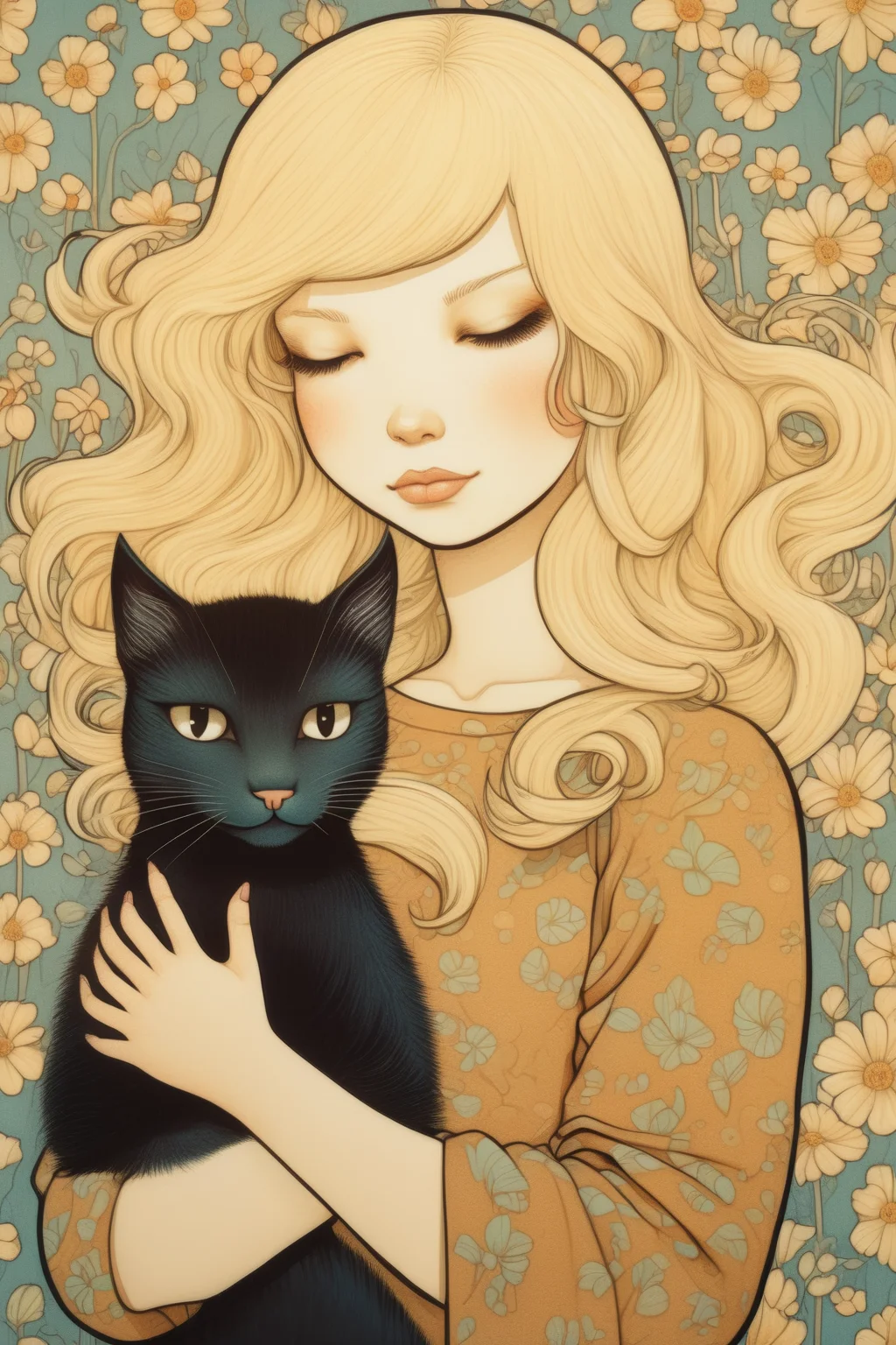 <lora:Audrey Kawasaki Style:1>Audrey Kawasaki Style - blonde girl hugging a cat character illustrated