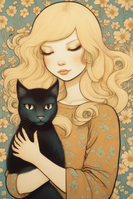 <lora:Audrey Kawasaki Style:1>Audrey Kawasaki Style - blonde girl hugging a cat character illustrated