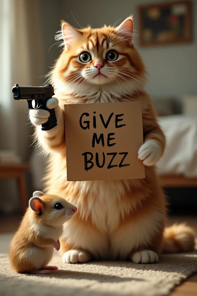 Photorealistic scene, a big cute puffy adult cat standing on its hind legs in a bedroom, holding a cardboard sign in one paw that reads 'Give Me Buzz' in bold, hand-scrawled letters. In the other paw, the cat grips a realistic pistol, pointing it playfully at a small, fluffy hamster sitting nearby on a floor. The hamster has wide, curious eyes.The background features, indoors, cinematic atmosphere. Shot with a Canon EOS R5, 50mm f/1.4 lens, shallow depth of field, soft volumetric lighting, hyper-realistic textures, and intricate details.,glock_19gen. Cat doesn't pointing gun at viewer