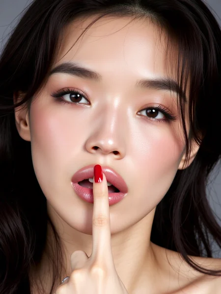 There are wonderful studio lights and various reflections,her thin face is very delicate,
18yo beautiful cute girl with blushing and female orgasm.skin naturally showing the texture of blood vessels and detailed pale skin,(looking at viewer:1.2),
sfw cowboy shot,--,
--,<lora:Hsu_Chi_f1_rank2_bf16:1>,she is Hsu Chi,
--,A striking portrait of a supercute Asian model with stunning features,giving a bold and confident expression. Her long,glossy black hair cascades in soft waves around her face,highlighting her flawless,glowing skin. She has bright,expressive eyes framed by long lashes,and her lips are full and slightly parted,emphasizing her natural beauty. The model is holding her finger up to her lips in a playful yet defiant gesture,with her manicured nails painted a vibrant red. The lighting is bright and clean,casting a soft glow on her face,enhancing her delicate features. The overall mood is both daring and elegant,blending a sense of beauty with an edgy attitude,A soft erotic atmosphere,the light evokes sexual desire.,