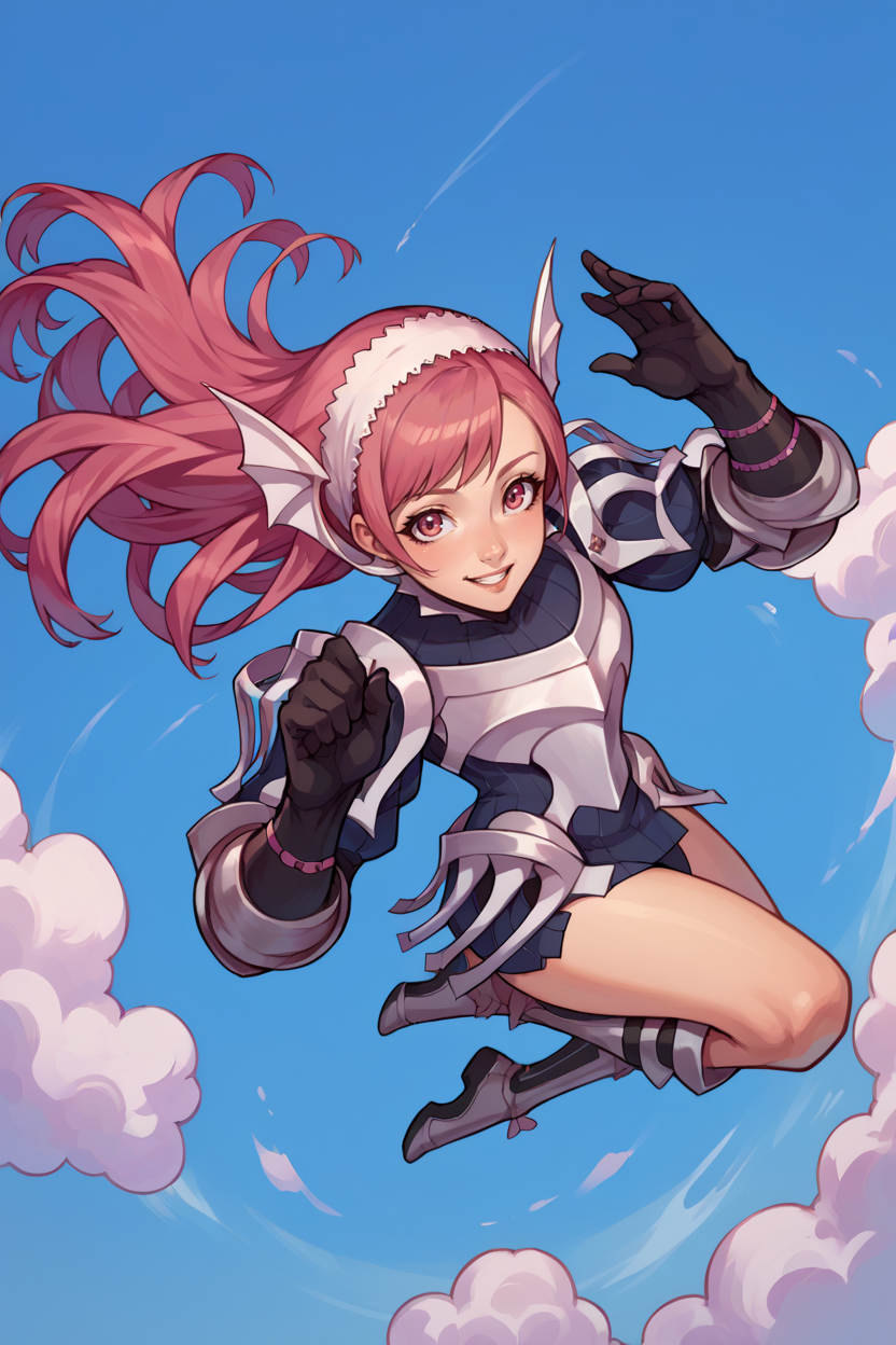 score_9, score_8_up, score_7_up, score_6_up, source_anime BREAK 1girl, solo,  <lora:fecherche-pdxl-nvwls-v1-000005:1> defcherche, pink hair, white hairband, headgear, armor, armored dress, gauntlets, black gloves, armored boots, jumping, midair, from above, looking at you, blue sky, blue background, clouds, happy