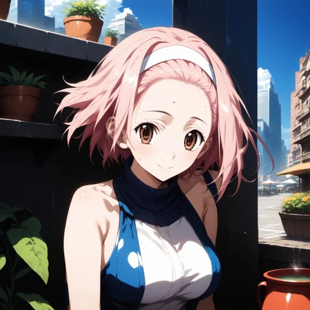 (masterpiece), best quality, expressive eyes, perfect face, 1girl, Katase, headband White, Pink hair, Short hair, Medium boobs, Brown eyes, tank pot, shorts, city, day, detailed, more details, high detailed, many details, intricate details, intricate_details_xl, , <lora:1b3a4f09-255e-42f5-bcd7-f0f56b3d7e42:0.7>, <lora:df372332-867a-4ad7-8a14-3d1049345796:0.7>, <lora:2848fb23-d446-4028-910f-51b3d52f840f:0.7>