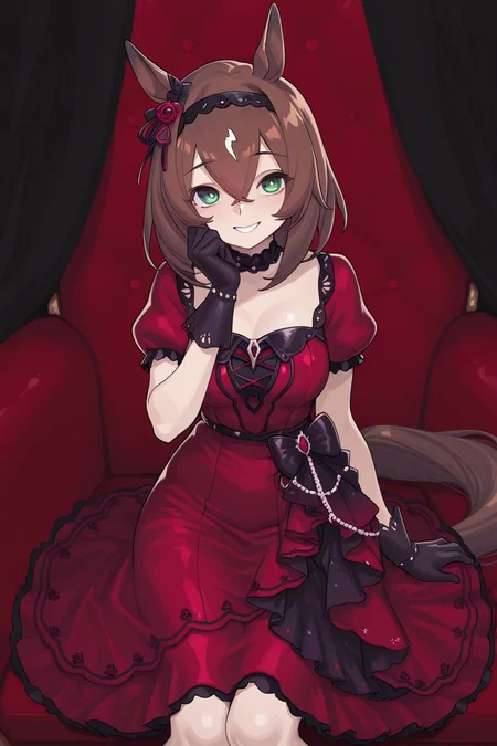 masterpiece, best quality, amazing quality,
 <lora:SloBid_IL:1> slobid, 1girl, solo, horse ears, animal ears, gloves, horse girl, looking at viewer, official alternate costume, smile, horse tail, dress, green eyes, tail, brown hair, sitting, black gloves, red dress