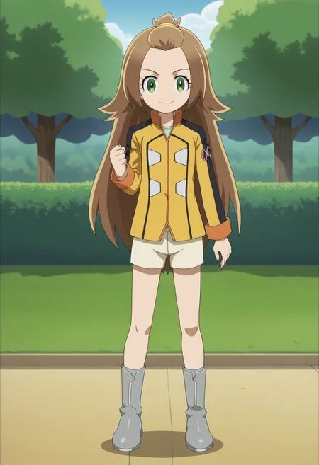 score_9, score_8_up, score_7_up, score_6_up, score_5_up, score_4_up , anime coloring ,BREAK source_anime, anime,screencap,
1girl, solo, kohakuk,  jacket,  shorts, grey footwear, <lora:PonyXL Kohaku Kongouji V1:1>
outdoors, park, 
smile, looking at viewer,
