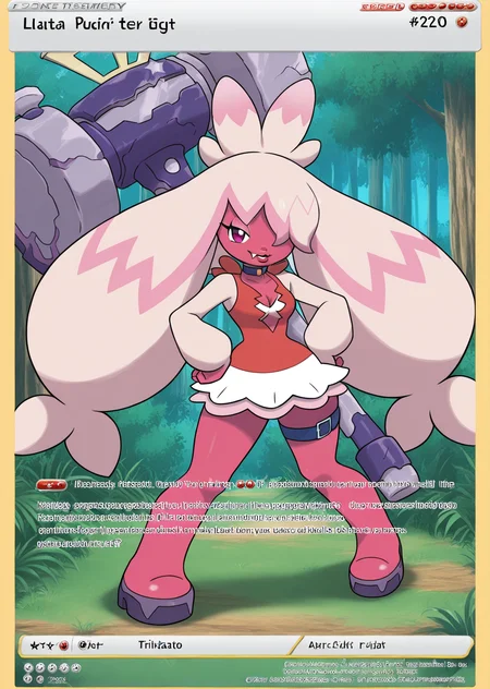 masterpiece, high quality, BREAK, full body, 1girl,    <lora:Pokemon_Card_Template_Concept_Illustrious:0.8> pokecards, pokemon cards, colored border, text, <lora:Tinkaton (Pokemon) [Illustrious]:0.8> tinkaton, pink skin, pink hair, twintails, massive hammer, gigantic hammer, metal hammer, pokemon, <lora:Luna_Wright_Dr.Stone_Illustrious:0.8> luna wright, pink hair, striped dress, cleavage, brown eyes, star hairpiece, puffy lips, hair over one eye, choker,