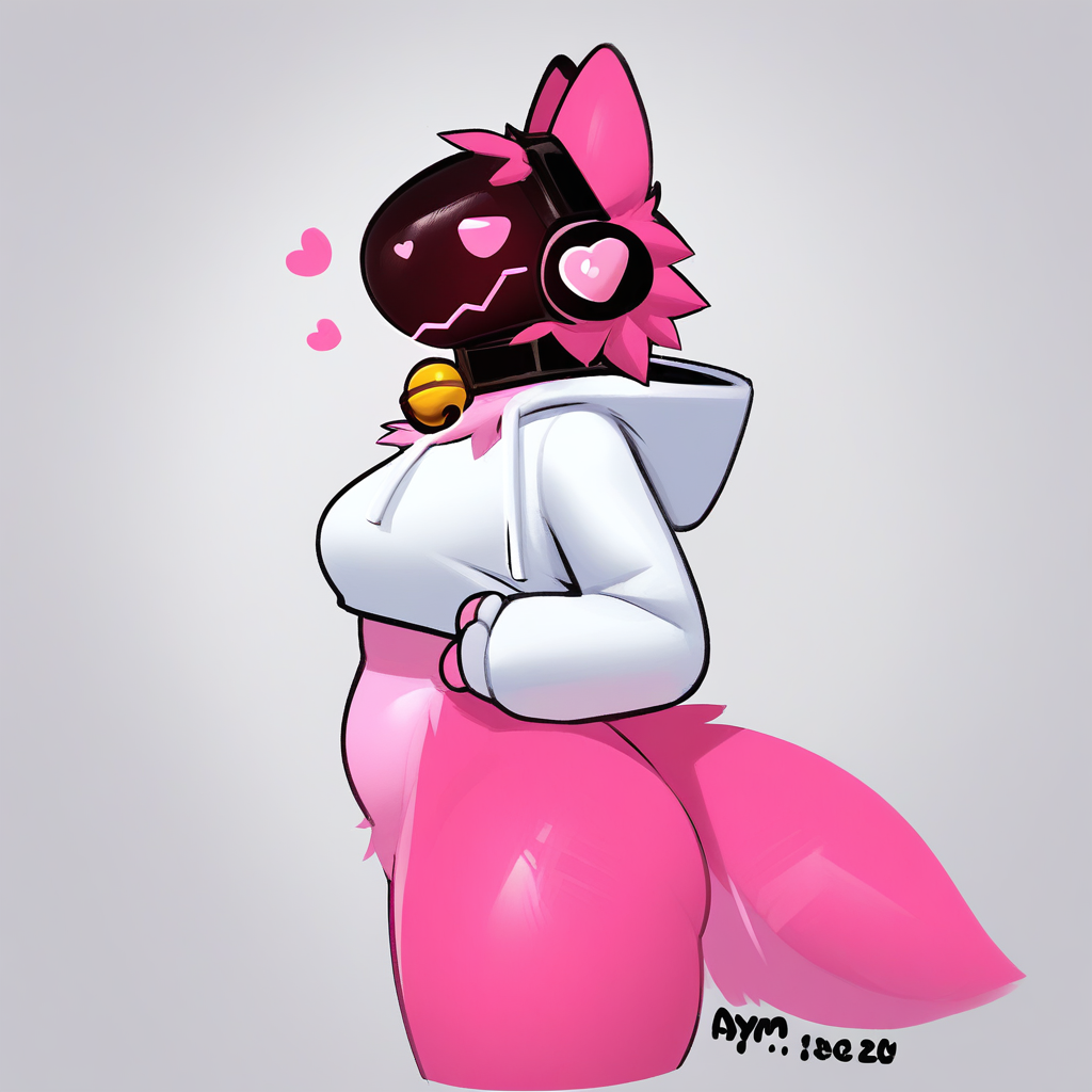 aymbord, 1girl, solo, furry female, thick thighs, white background, simple background, furry, heart, hood, tail, animal ears, thighs, from side, breasts, long sleeves, bell, standing, cropped legs, white hoodie, collar, cowboy shot, jingle bell, white and pink fur, two tone body, shiny, hoodie, neck bell, hood down, smile, pink eyes, protogen