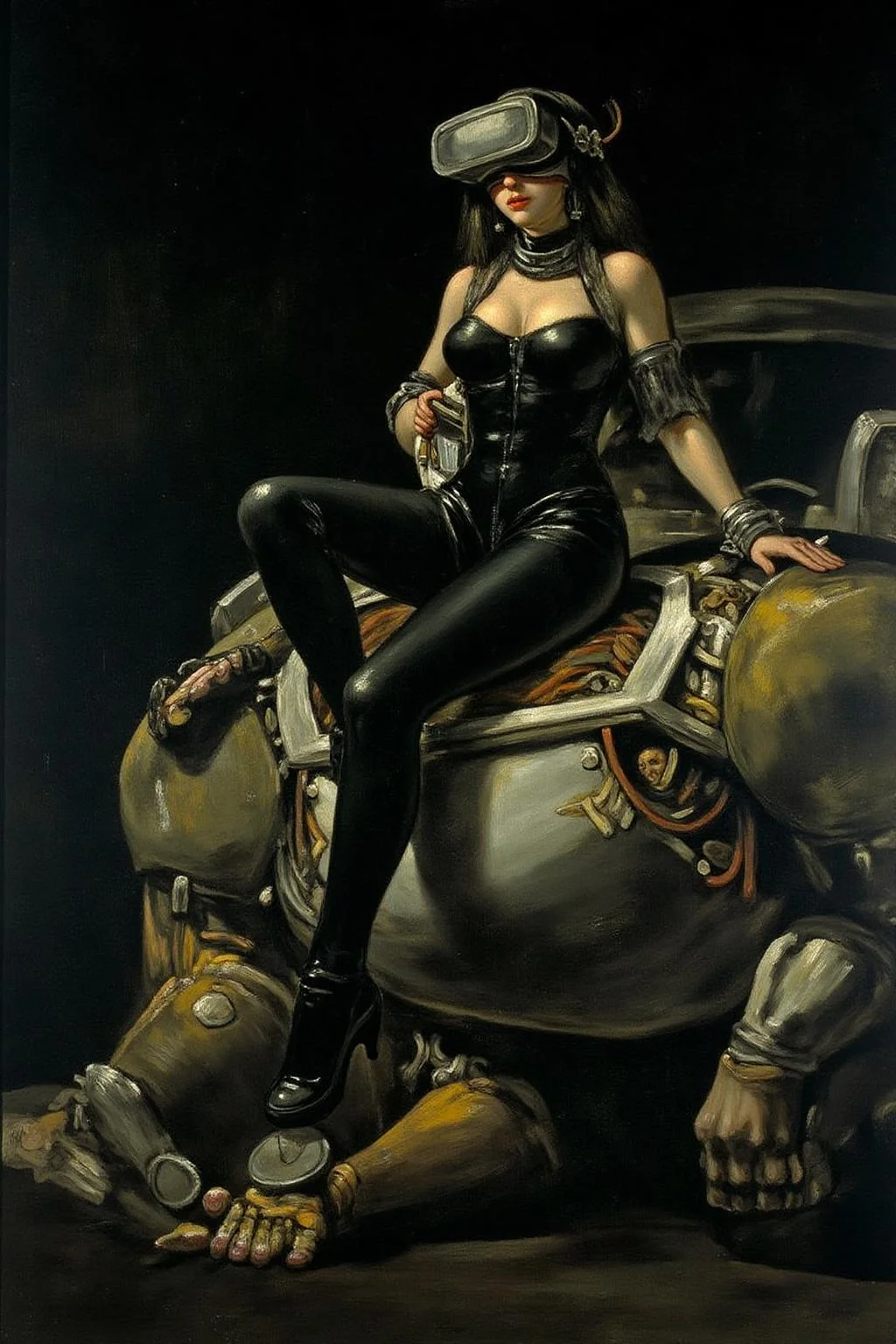 g0ya1 painting. kako1
A striking, futuristic scene depicts a woman dressed in sleek, form-fitting leather attire, sitting confidently atop an open power suit, inspired by the cyberpunk aesthetics of Masamune Shirow. The power suit, a blend of advanced technology and military-grade armor, features intricate mechanical details, exposed wiring, and a robust, yet streamlined design. The woman, wearing a cutting-edge VR headset, exudes a sense of control and mastery over the machine beneath her. Her posture is relaxed yet commanding, with one hand resting on the suit's metallic surface and the other casually holding a piece of advanced tech. The background is a high-tech industrial setting, with dim lighting that casts dramatic shadows, highlighting the fusion of human and machine. The overall atmosphere is one of futuristic coolness and cybernetic elegance, capturing the essence of Shirow's iconic style <lora:g0ya2_cap_d6a3e12:1.0><lora:823863315651596101:0>