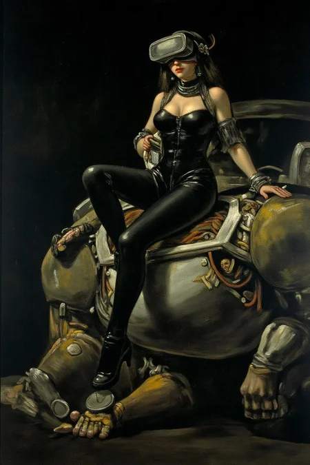 g0ya1 painting. kako1
A striking, futuristic scene depicts a woman dressed in sleek, form-fitting leather attire, sitting confidently atop an open power suit, inspired by the cyberpunk aesthetics of Masamune Shirow. The power suit, a blend of advanced technology and military-grade armor, features intricate mechanical details, exposed wiring, and a robust, yet streamlined design. The woman, wearing a cutting-edge VR headset, exudes a sense of control and mastery over the machine beneath her. Her posture is relaxed yet commanding, with one hand resting on the suit's metallic surface and the other casually holding a piece of advanced tech. The background is a high-tech industrial setting, with dim lighting that casts dramatic shadows, highlighting the fusion of human and machine. The overall atmosphere is one of futuristic coolness and cybernetic elegance, capturing the essence of Shirow's iconic style <lora:g0ya2_cap_d6a3e12:1.0><lora:823863315651596101:0>