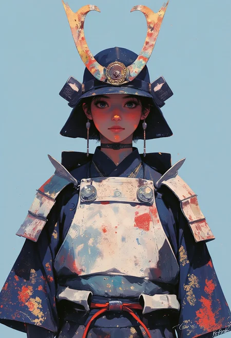 This image is a highly detailed photograph depicting a samurai warrior, rendered in a traditional Japanese style. The samurai is dressed in a full set of armor, consisting of a layered, intricate outfit. The armor includes a white, textured breastplate with intricate patterns and a large, ornate helmet adorned with red and blue designs. The helmet has two large, curved, black horns with intricate patterns and a red, swirling design at the top. The samurai's face is partially obscured by the helmet, but their serene expression suggests a calm, focused demeanor. The samurai's attire also features a richly patterned, dark blue kimono with a geometric honeycomb design and a red sash tied around the waist, adding to the traditional aesthetic.
The background is a soft sky blue, which complements the vivid colors of the armor, making the warrior stand out even more as the focal point. The textures of the armor are meticulously detailed, showcasing the intricate patterns and folds, giving a sense of depth and realism. The overall composition is balanced and harmonious, emphasizing the warrior's strength and dignity through their attire and posture.