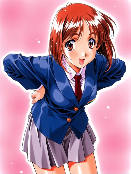 masterpiece,best quality,newest,
1girl,solo,
1990s \(style\),retro artstyle,<lora:yamamoto_rurika_ilxl_v1.0:1>,y_ruruka,short hair,brown hair,brown eyes,r_clothes,blue jacket,long_sleeves,grey mini skirt,<lora:Fixhands_anime_bdsqlsz_V1:1>,face_focus,looking_at_viewer,white background,simple_background,standing,upper_body,:d,leaning_forward,