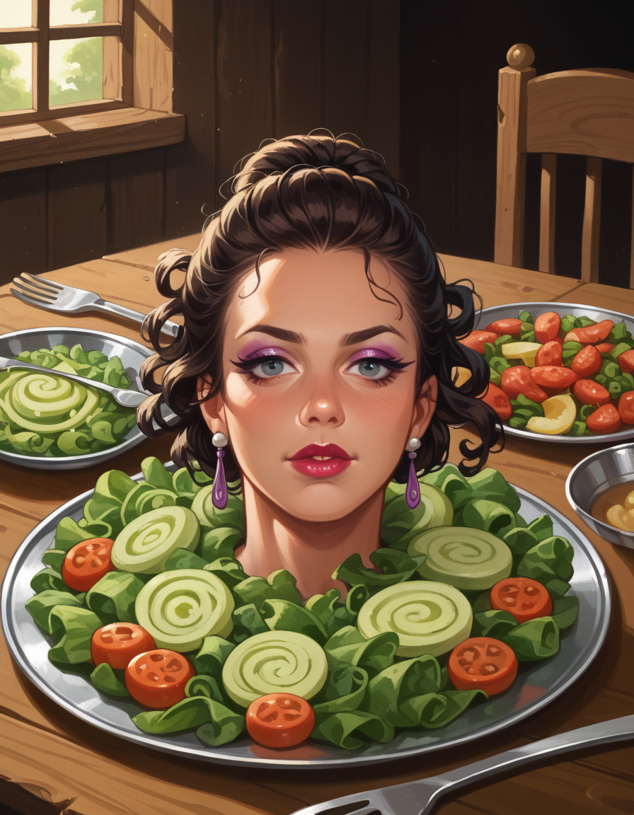 score_9, score_8_up, score_7_up, score_6_up, score_5_up, score_4_up, , solo, 1girl, Romantic Updo with Loose Curls, makeup, lipstick, hud_h3ad_platt3r, table, tray, severed head, <lora:headonaplatter:1>, knife, fork, spoon, salad, food