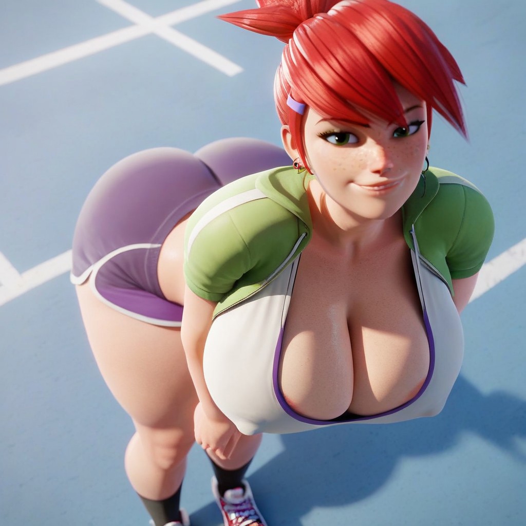 (Score_9, Score_8_Up, Score_7_Up, Score_6_Up),
(3d, Scraggy, High-Detail, High Resolution, Solo),
(Frankie Foster, Freckles, Ponytail, Red Hair, Large Eyes, Expressive, Huge Breasts, Nipple Bulge, Areola Slip, Wide Hips, Huge Ass, Thick Thighs),
(Shorts, Socks, Sneakers, Sports Bra, Jacket, Earrings),
(Bending Forward, Downblouse, Smirking, Smug),
(Shot From Above, Dutch Angle, Mansion Background)