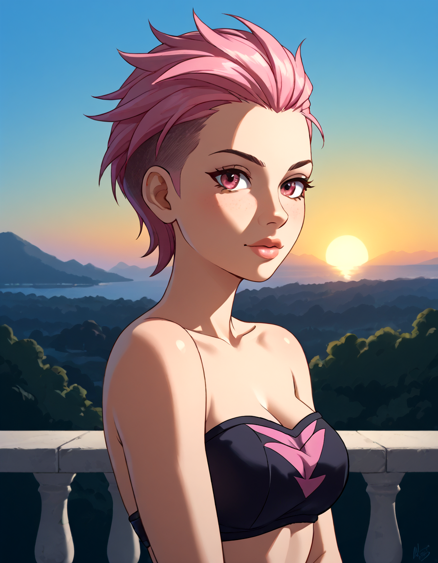 score_9, score_8_up, score_7_up, score_6_up, score_5_up, beautiful detailed portrait, beautiful Experienced Career Woman, Lean Column Body, Tawny Skin, beautiful detailed Symmetrical Face, Deep Raspberry eyes, Deep Pink Punk Cut hair, Disheartened, Merlot Geometric Waves Bandeau Top, Noonish, beautiful verdant park, beautiful sky, best quality, ultra-detailed, masterpiece, sharp intricate details