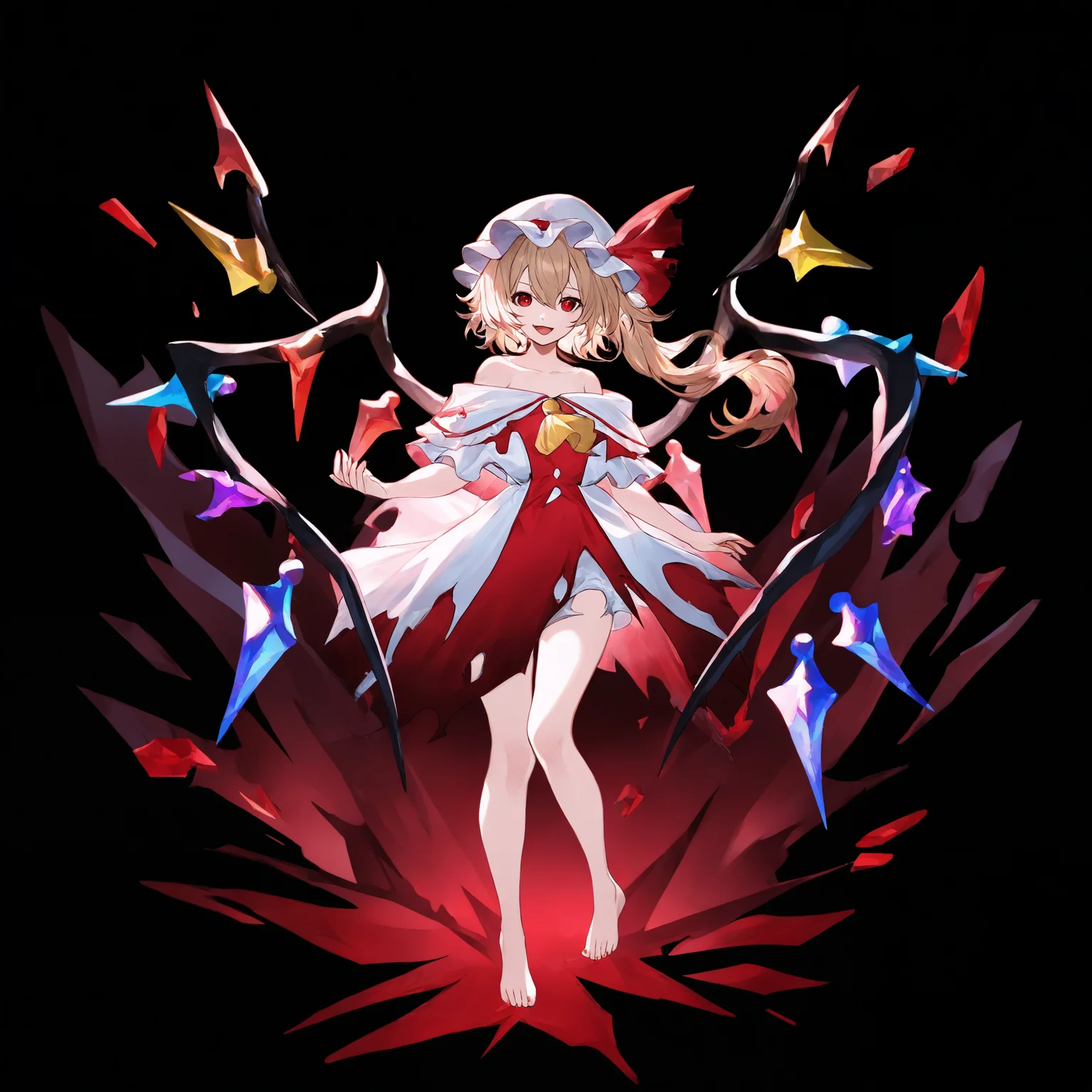 ,flandre scarlet, 1girl, solo, long hair, looking at viewer, smile, open mouth, blonde hair, red eyes, dress, hat, ribbon, hair between eyes, bare shoulders, collarbone, full body, frills, wings, barefoot, white dress, off shoulder, side ponytail, red ribbon, torn clothes, ascot, bare legs, blood, white headwear, one side up, red dress, mob cap, black background, hat ribbon, adapted costume, multicolored clothes, red nails, crystal, off-shoulder dress, yellow ascot, two-tone dress, multicolored dress, crack, torn dress, multicolored wings, broken glass,<lora:TestTestTest!\uuzan\Uuzan_Style_NBV1.safetensors:0.95:0.95>,,masterpiece,best quality,newest,absurdres,highres,very awa,detail background <lora:None:0.9500000000000002>