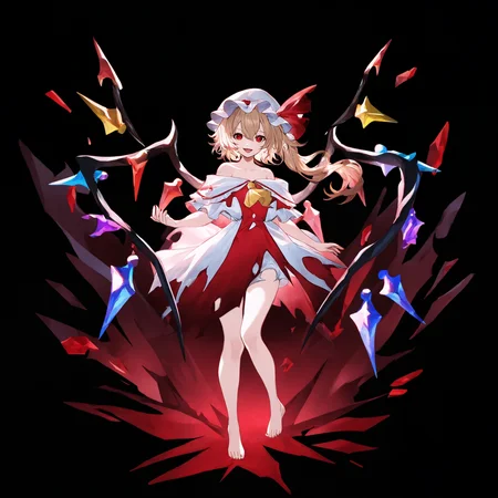 ,flandre scarlet, 1girl, solo, long hair, looking at viewer, smile, open mouth, blonde hair, red eyes, dress, hat, ribbon, hair between eyes, bare shoulders, collarbone, full body, frills, wings, barefoot, white dress, off shoulder, side ponytail, red ribbon, torn clothes, ascot, bare legs, blood, white headwear, one side up, red dress, mob cap, black background, hat ribbon, adapted costume, multicolored clothes, red nails, crystal, off-shoulder dress, yellow ascot, two-tone dress, multicolored dress, crack, torn dress, multicolored wings, broken glass,<lora:TestTestTest!\uuzan\Uuzan_Style_NBV1.safetensors:0.95:0.95>,,masterpiece,best quality,newest,absurdres,highres,very awa,detail background <lora:None:0.9500000000000002>