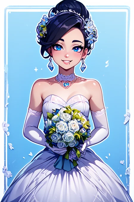 score_9, score_8_up, score_8, medium breasts, (curvy), cute, eyelashes, BREAK, , zzMai, black hair, blue eyes, mole, mole under mouth, short hair, eyelashes,<lora:MaiPokemon_PDXL:0.7>, , BREAK, smile, looking at viewer, bride, wedding dress, bridal veil, strapless dress, elbow gloves, holding bouquet, hearts, white outline, cowboy shot, embedding:zPDXL, Expressiveh, <lora:Vivid:0.7>, <lora:LFashionPDXL:1>, <lora:Uncensored_PonyXL_cpt_v02.09:0.4>, <lora:Expressive_H-000001:0.4>,