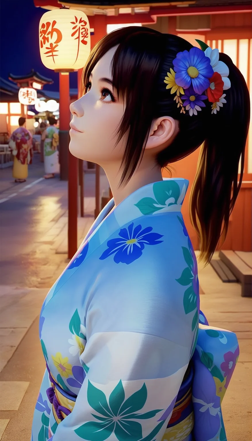 score_9,score_8_up,score_7_up,
<lora:miiyamotoHikari:0.8>,miiyamotohikari,
1girl,solo,black hair,ponytail,bangs,hair ornament,brown eyes,hair flower,looking ahead,japanese clothes,kimono,yukata,floral print,looking up,happy,nose,medium breasts,portrait,from side,face focus,outdoors,night,sea,street,paper lantern,