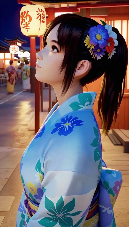score_9,score_8_up,score_7_up,
<lora:miiyamotoHikari:0.8>,miiyamotohikari,
1girl,solo,black hair,ponytail,bangs,hair ornament,brown eyes,hair flower,looking ahead,japanese clothes,kimono,yukata,floral print,looking up,happy,nose,medium breasts,portrait,from side,face focus,outdoors,night,sea,street,paper lantern,