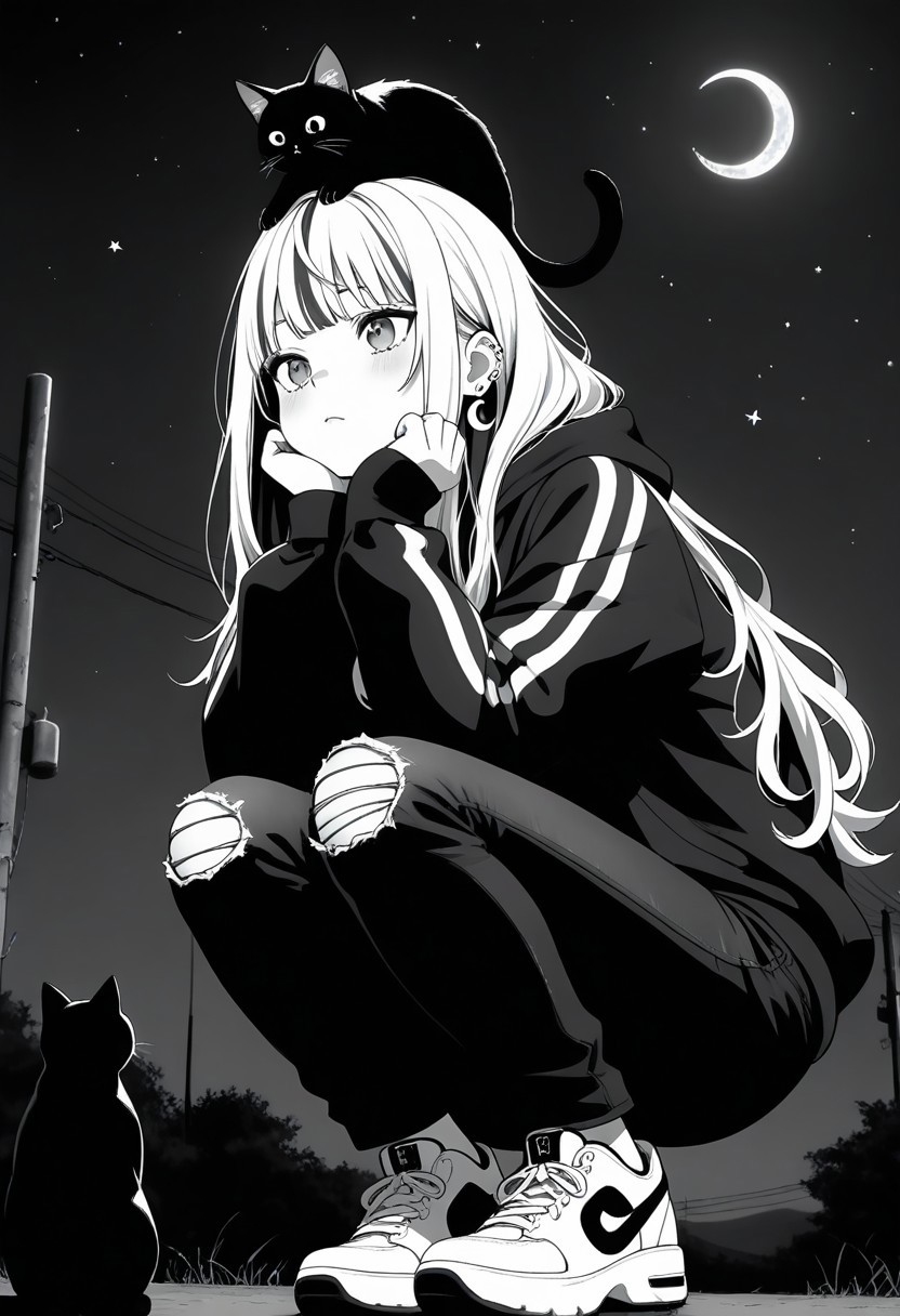 masterpiece, best quality, amazing quality, LDSCH, aesthetic, 1girl, crescent_moon, cat, virtual_youtuber, animal_on_head, on_head, long_hair, moon, sneakers, sky, shoes, power_lines, solo, cat_on_head, squatting, pants, bangs, hood, jewelry, night, earrings, outdoors, utility_pole, torn_pants, torn_clothes, star_\(sky\), ear_piercing, piercing, hoodie, head_rest, animal, black_cat, hair_behind_ear, jacket, monochrome, starry_sky, night_sky, torn_jeans, sitting