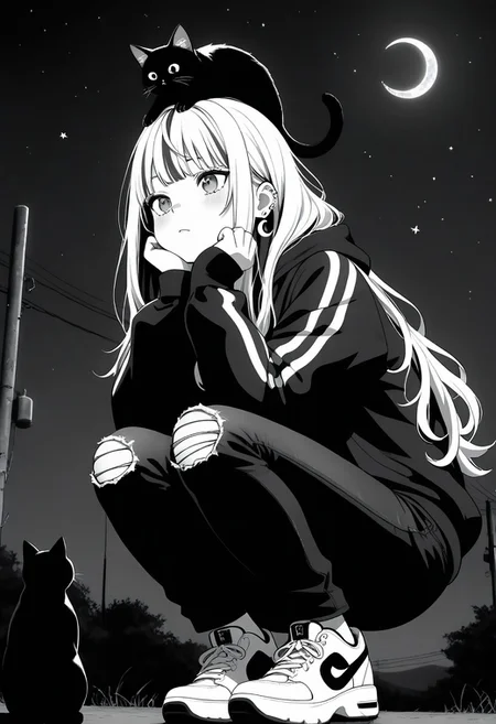 masterpiece, best quality, amazing quality, LDSCH, aesthetic, 1girl, crescent_moon, cat, virtual_youtuber, animal_on_head, on_head, long_hair, moon, sneakers, sky, shoes, power_lines, solo, cat_on_head, squatting, pants, bangs, hood, jewelry, night, earrings, outdoors, utility_pole, torn_pants, torn_clothes, star_\(sky\), ear_piercing, piercing, hoodie, head_rest, animal, black_cat, hair_behind_ear, jacket, monochrome, starry_sky, night_sky, torn_jeans, sitting
