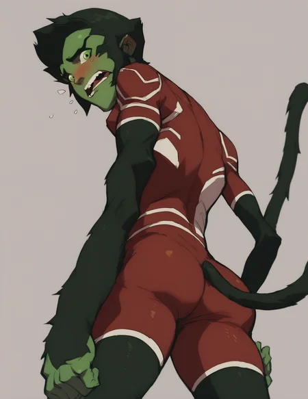 <lora:Beast_Boy_2:1> score_9, score_8_up, score_7_up, beast boy, solo, short hair, black hair, 1boy, green eyes,bodysuit, green skin, tail, embarrassed, from below, ass, looking at viewer, from behind, thick thighs, looking back, blush, shouting, nervous,