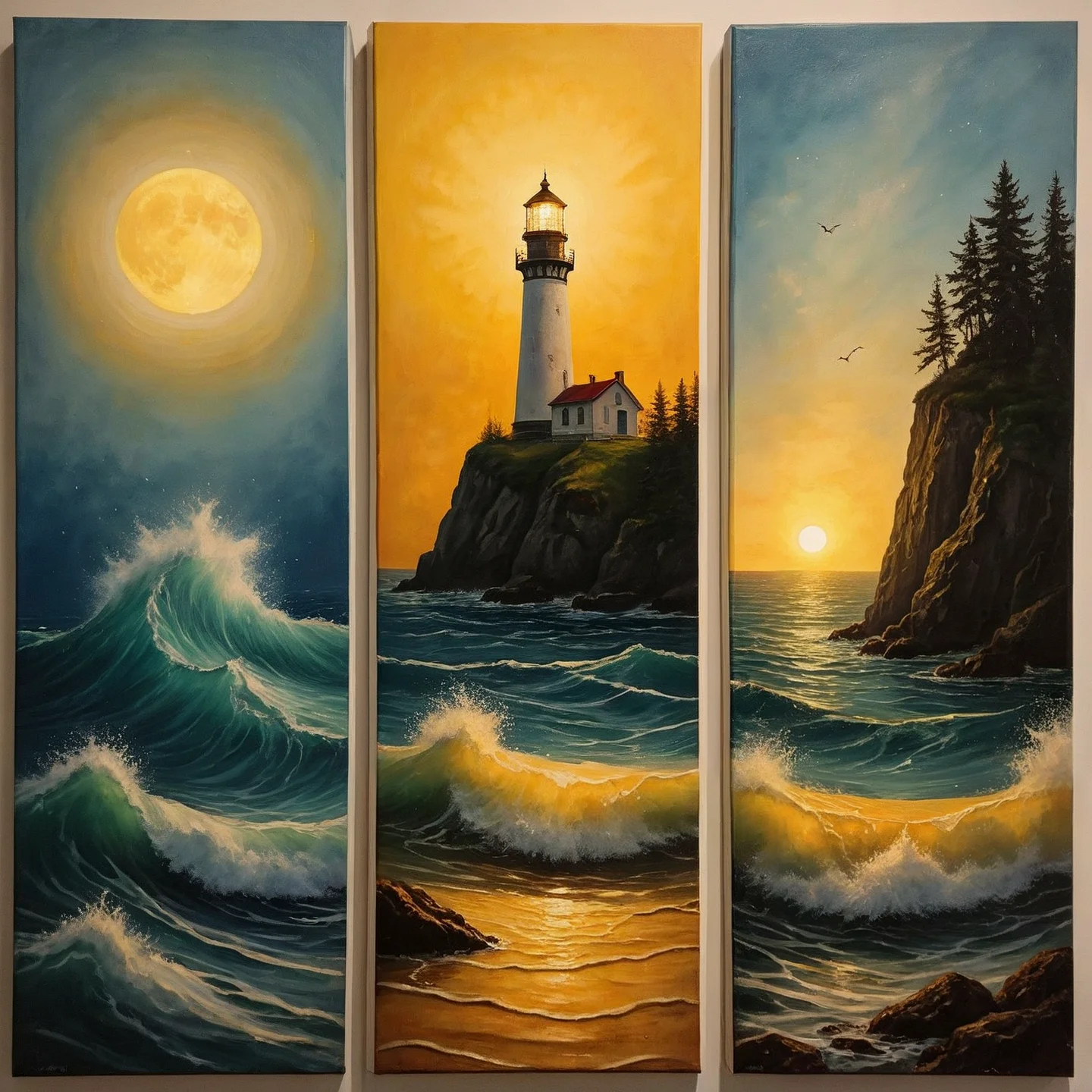 Triptych art, a painting in three panels.
Ocean waves lapping against the cliff, beneath a lighthouse. A beam of yellow light spears the night sky.
<lora:TriptychArt01_CE_XL_300-OT:0.6> trptchCE_style