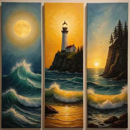 Triptych art, a painting in three panels. 

Ocean waves lapping against the cliff, beneath a lighthouse. A beam of yellow light spears the night sky.

<lora:TriptychArt01_CE_XL_300-OT:0.6> trptchCE_style