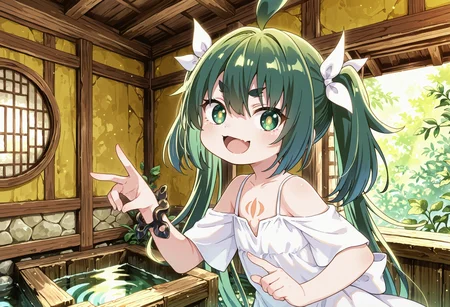 ultra-detailed, ultra-detailed background, ultra-detailed eyes, round face, cute, moe, 1girl, <lora:Mitama_IL:0.8> Mitama_(Kamikatsu), green eyes, yellow pupils, bright pupils, green hair, twintails, white bow, long hair, ahoge, flat chest, chest tattoo, white dress, ringed eyes, hair between eyes, v-shaped eyebrows, :3, open mouth, skin fang, (looking to the side, looking at viewer:1.1), <lora:hand 5.5_903007:0>, well-defined fingers, ultra-detailed fingers, <lora:noobai_ep11_stabilizer_v0.96_fp16_1136146:0.4>, <lora:spo_sdxl_10ep_4k-data_lora_webui_482964:1>, <lora:Hyper-SDXL-8steps-lora:0.5>, <lora:add-detail-xl:1.5>, general, masterpiece, best quality, amazing quality, very aesthetic, absurdres,