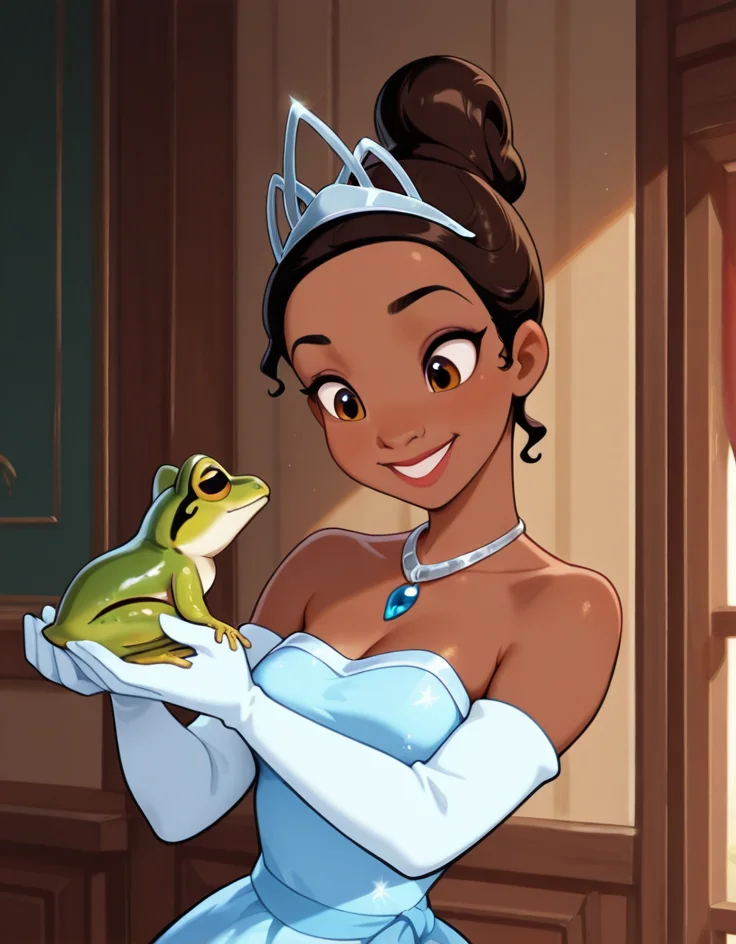 masterpiece, best quality, amazing quality, very aesthetic, absurdres, newest, detailed background, 4k, 8k, indoors,
tianaxd, 1girl, dress, dark skin, gloves, elbow gloves, jewelry, brown eyes, tiara, dark-skinned female, frog, necklace, holding animal, solo, very dark skin, strapless, brown hair, blue dress, white gloves, bare shoulders, holding, smile, indoors, hair bun, blue dress,
<lora:Tiana_-_Disney_Illustrious:1>