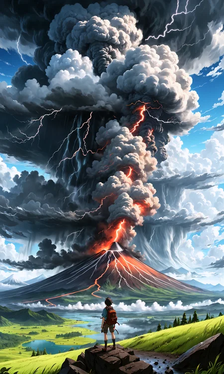 2D anime style, anime screencap, a lone traveler gazing at a horrific sky filled with swirling, dark clouds and a faint tornado. The landscape below is a mix of rolling hills, sparkling lakes, volcano,  and dense forests, dark smoke coming out from volcano, The traveler's backpack and clothes hint at a long journey, and their posture reflects awe and wonder. High detail and complexity, cloudy sky, dynamic lighting, extremely exaggerated and enchanting background, tense atmosphere