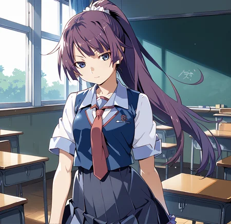 <lora:watanabe_akio:1>
score_9, score_8_up, score_7_up, score_6_up, 
watanabe akio, 1girl, solo,senjougahara hitagi, long hair, bangs, ponytail, sidelocks, scrunchie, blue eyes, purple hair, skirt, thighhighs, school uniform, necktie, black thighhighs, zettai ryouiki, naoetsu high school uniform, indoors, classroom,narrowed eyes,upper body,close-up