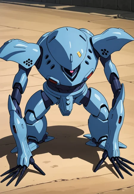 score_9, score_8_up, score_7_up, source_anime, cowboy shot, front view, BREAK, ( hygogg, blue_hygogg_armor, pink monoeye, turned to the side, looking at viewer, leaning forward, hands on ground, ) 1mech, mech focus, solo, BREAK,