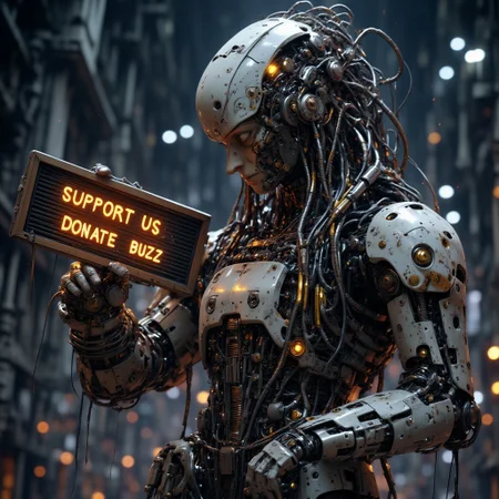mythp0rt, cute semihuman robo, holding a machinal signboard glowing letters saying "Support Us Donate Buzz"