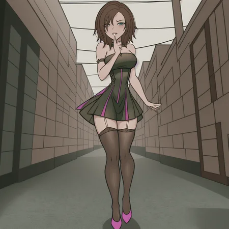 <lora:BonnyR:0.6>bonnie rockwaller,(((goth dress,stockings))), 1girl,brown hair, full body, green eyes,looking at viewer, parted lips
