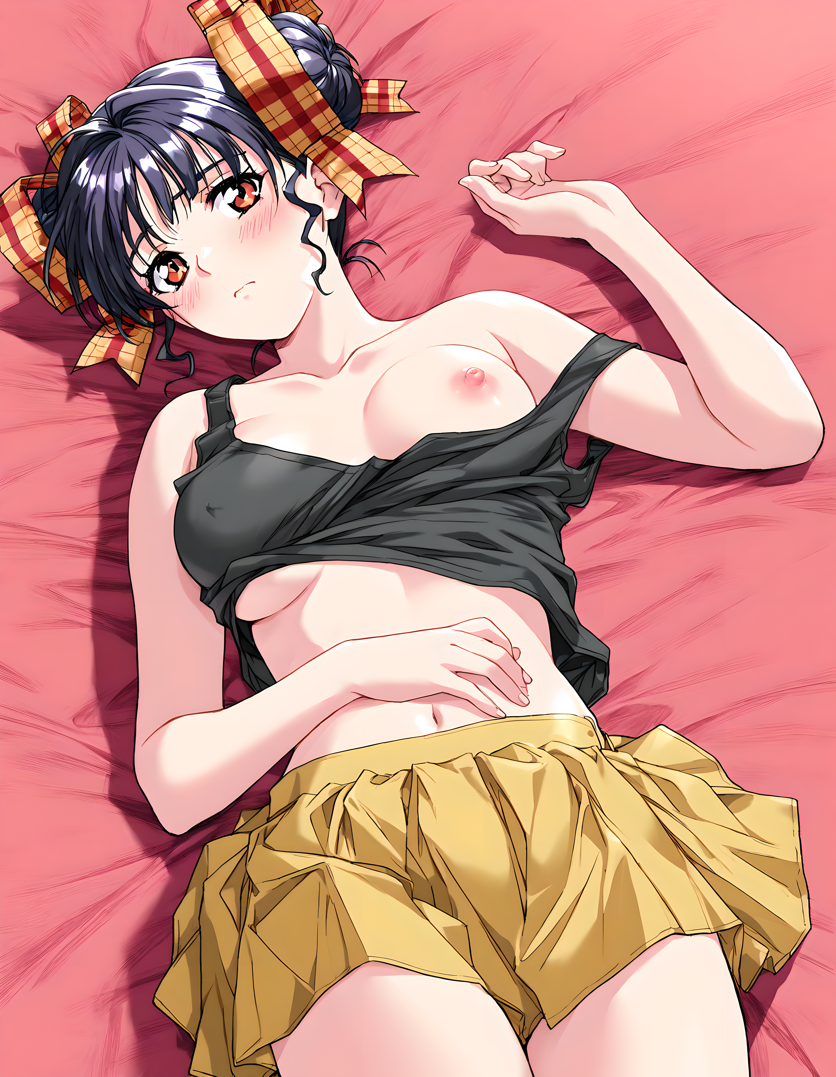 <lora:illustrious_XL_narusawa_v2:0.9>,narusawa,masterpiece,best quality,good quality,1girl,solo,black tank top,bare shoulders,collarbonea,one nipple,navel,strap slip,yellow mini skirt,fine_fabric_emphasis,wrinkling of clothes,bed_sheet,on back,cowboy_shot,looking_at_viewer,blush,