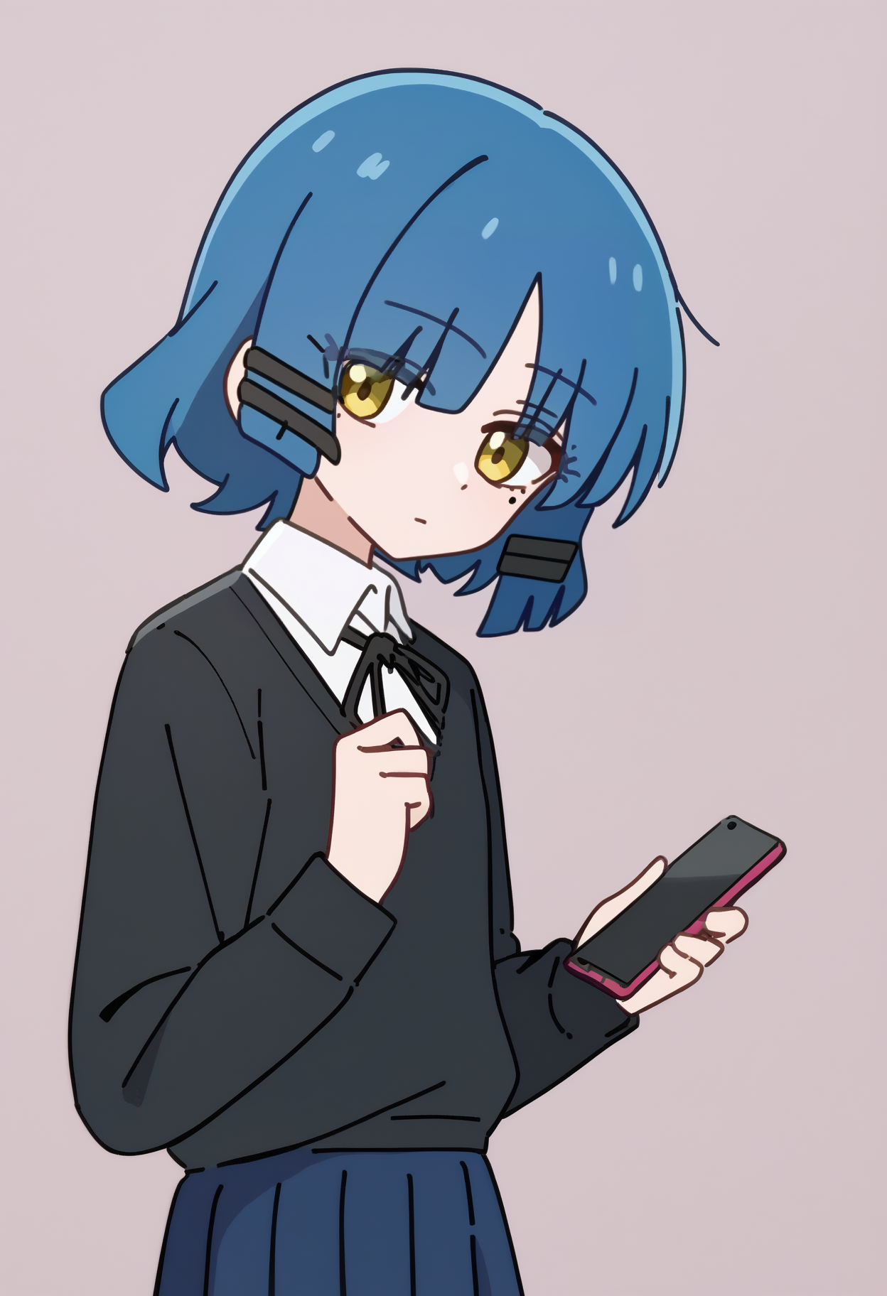 score_9, score_7_up, <break> simple background, solo, 1girl, yamada ryo, mole under eye, expressionless, looking at you, standing, holding phone blue hair, hairclip, yellow eyes, shimokitazawa high school uniform, black sweater, long sleeves, white shirt, neck ribbon, blue skirt, pleated skirt
 <segment:yolo-face_yolov8m.pt,0.4,0.5//cid=1>