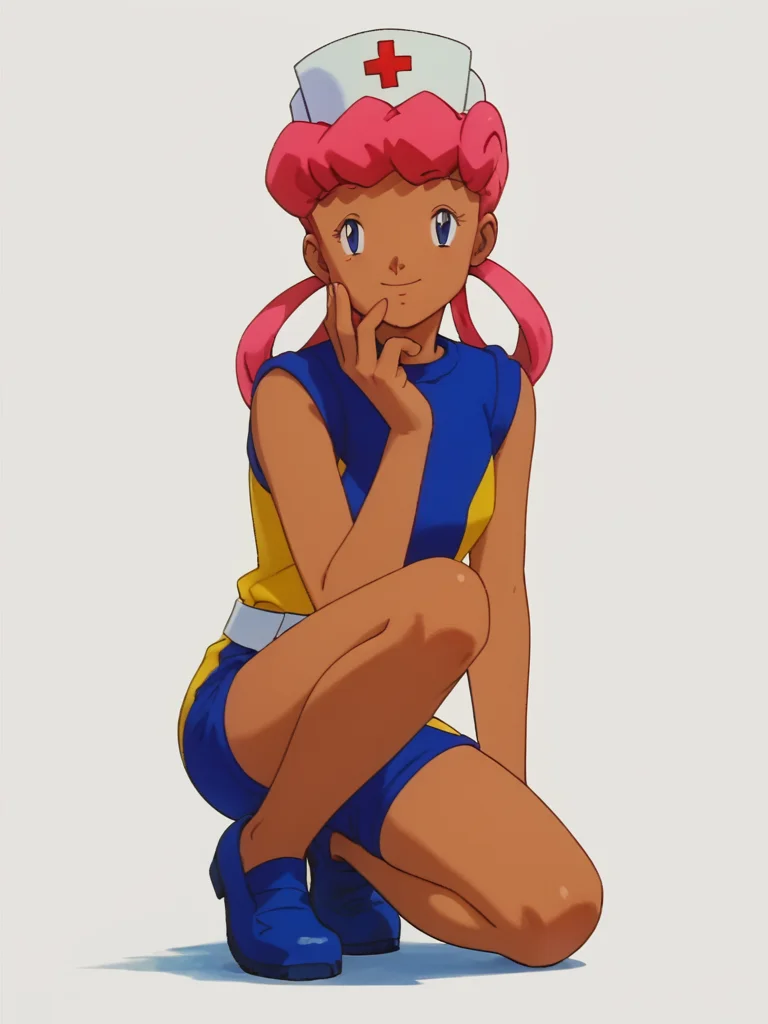 score_9, score_8_up, score_7_up, 1girl, solo, source_anime, pkmnjoy, hair rings, dark skinned female, wetsuit, sleeveless, nurse cap, blue eyes, pink hair, dark-skinned female, <lora:Nurse_Joy_-_Pokemon_anime_Orange_islands:1> simple background, white background, holding face in one hand, smiling with half closed eyes, looking at viewer,
(((white background, simple background:1.2))), full body, shoes,