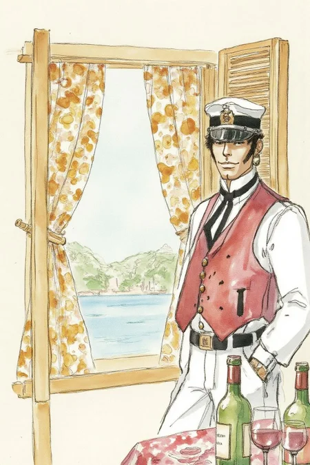 hugop1 watercolor illustration.
A watercolor drawing depicting a sailor standing in front of a window with a view of a serene coastal scene. The sailor, is dressed in a white shirt and a red vest. He wears a black bow tie, a single earring, and a white sailor cap. In front of the sailor is a table with wine bottles on top.
<lora:hugop1_cap_d6a3e12:1.0><lora:824358267682815950:0>