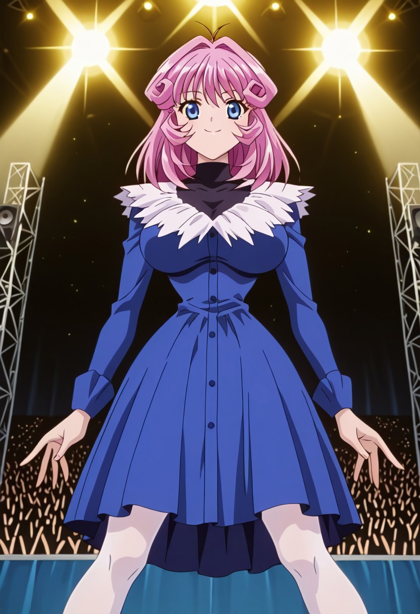 <lora:anime_screencap-IL v-pred:1>, anime screencap, anime coloring, amazing quality, very aesthetic, absurd resolution, masterpiece, 4k resolution, perfect anatomy, perfect eyes, (hand with four fingers and one thumb), BREAK 1girl, 3/4 body shot, <lora:CD11_rina_ill-05:1>, Rina_CD11, pink hair, medium hair, blue eyes, slim waist, wide hips, large breasts, perky breasts, sexy standing pose, legs apart, lewd lower body, shifting her hips, looking at viewer, Smile, Closed mouth, (<lora:blue_concert_ill-05:1>, (blue shirtdress, v-neck, white feather neckline, blue buttons, long sleeves, blue sleeves, knee-length dress, white feather hemline,), (black turtleneck, sleeveless, under dress,), white pantyhose, ), breast focus, BREAK (concert stage, concert lights, black scaffolding, speakers, multiple men, audience, watching, casual clothes,),