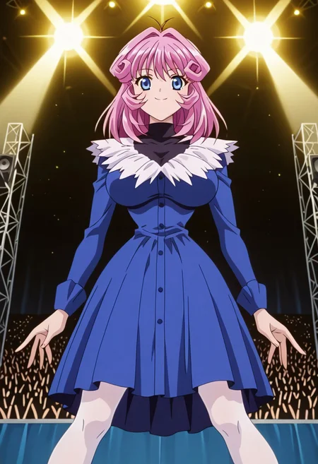 <lora:anime_screencap-IL v-pred:1>, anime screencap, anime coloring, amazing quality, very aesthetic, absurd resolution, masterpiece, 4k resolution, perfect anatomy, perfect eyes, (hand with four fingers and one thumb), BREAK 1girl, 3/4 body shot, <lora:CD11_rina_ill-05:1>, Rina_CD11, pink hair, medium hair, blue eyes, slim waist, wide hips, large breasts, perky breasts, sexy standing pose, legs apart, lewd lower body, shifting her hips, looking at viewer, Smile, Closed mouth, (<lora:blue_concert_ill-05:1>, (blue shirtdress, v-neck, white feather neckline, blue buttons, long sleeves, blue sleeves, knee-length dress, white feather hemline,), (black turtleneck, sleeveless, under dress,), white pantyhose, ), breast focus, BREAK (concert stage, concert lights, black scaffolding, speakers, multiple men, audience, watching, casual clothes,),