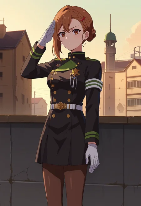 score_9, score_8_up, score_7_up, anime screencap, source_anime, 1girl, solo,
<lora:Sayuri_Hanayori_Seraph_of_the_End_V1:.85>, KJOsayuri, brown hair, brown eyes, braid, hair bun, hairclip,
military uniform, white gloves, black skirt, pantyhose,
serious, salute, looking at viewer,
abandoned building, ruined city, rooftop, outdoors,
(Beautiful, medium Breasts:1.2),