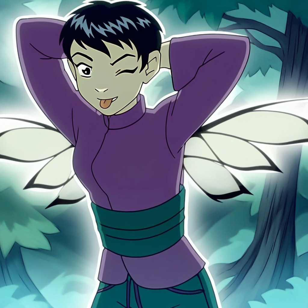 score_9, solo, yanlin_y, black hair, short hair, long sleeves, japanese clothes, wings, pants, hands behind head, one eye closed, tongue, trees, natural lighting