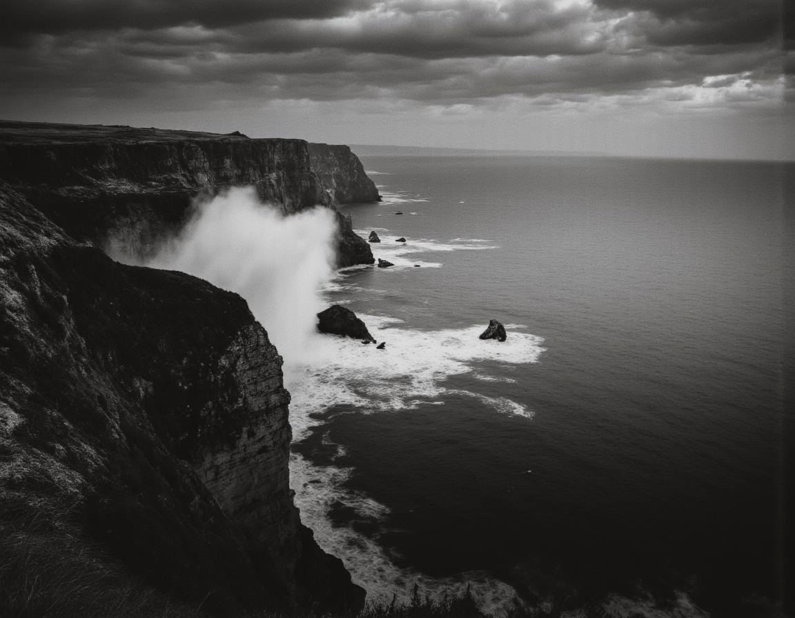 <lora:BWMonochrome:0.85> mono, Monochromatic 8k image of a rugged coastline, photorealistic, crashing waves against jagged cliffs, sea spray frozen in the air, detailed rock textures, minimalist composition, long exposure effect for smooth water, dramatic sky with textured clouds, black and white film photography . 35mm photograph, film, bokeh, professional, 4k, highly detailed