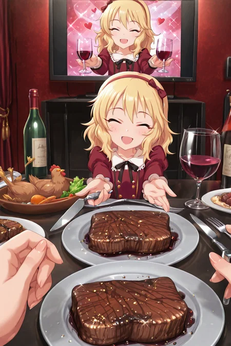 detailed background, shiny skin, posing,
heart, bloom, glitter, sparkle,
<lora:dinnerwaifu.il:1>,
dinnerwaifu, 
chicken, beef, steak, wine, wine bottle, 
pov, hands, fork, knife,  utensil, 
<lora:deresute.il:1>,
deresute,
momoka,
closed eyes, smile, open mouth,