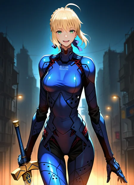 artist:, masterpiece, best quality, newest, very awa, absurdres, highres, jtts, 1girl, saber \(fate stay night\), smile, open mouth, blonde hair, short hair, braid, green eyes, cyborg, cybernetic body, sword, clothed, blue outfit, looking at viewer, night, futuristic city, lights, wind, detailed, <lora:SDXL\Illustrous\Jittsu_style:1.0>